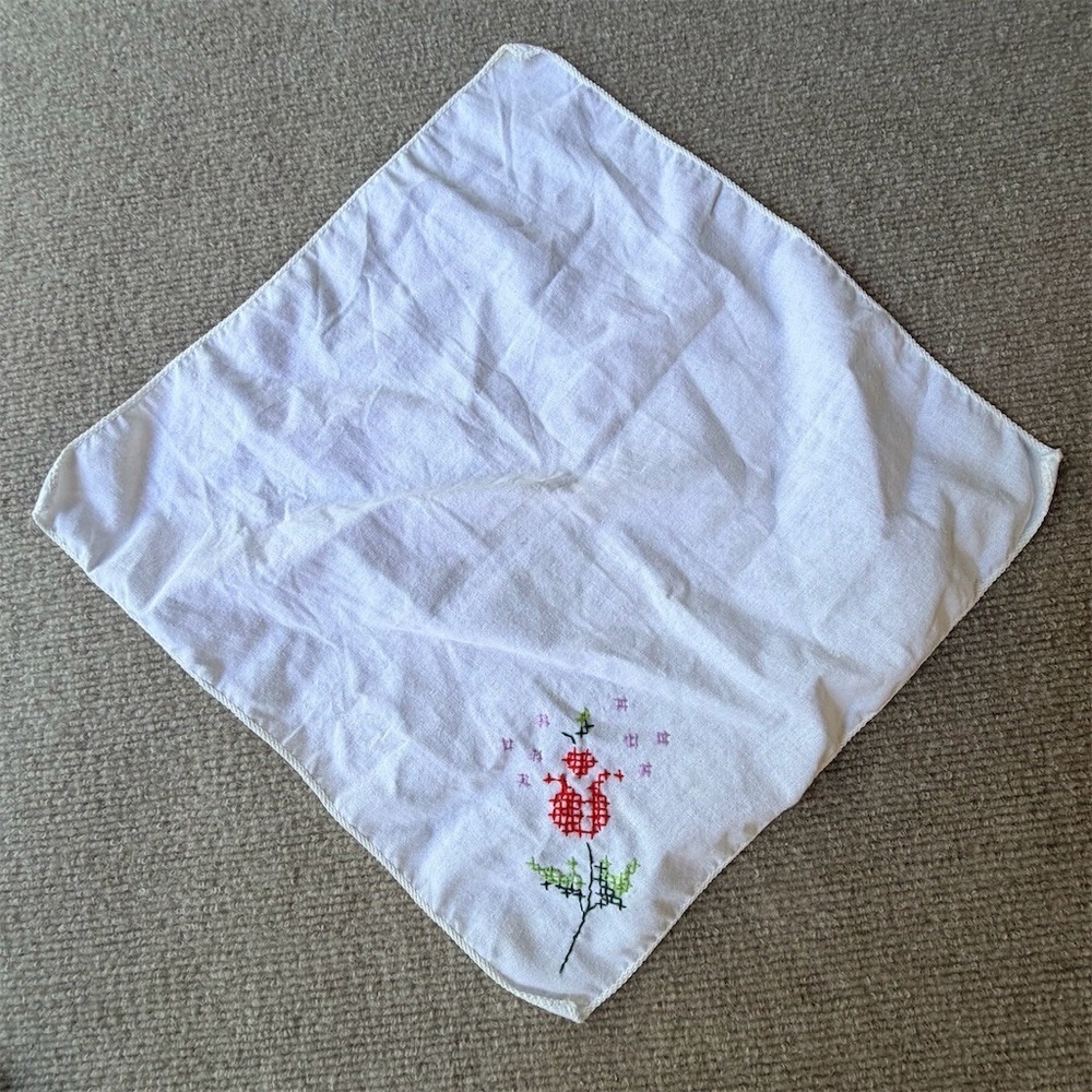 Vintage White Handkerchief Hand-Embroidered Red Flower Green Stem Lavender